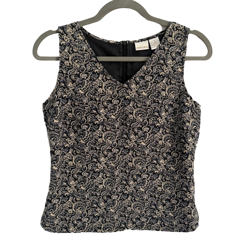 Merona Paisley Sleeveless Silk Top V Neck Black Beige Blouse Career Office Small